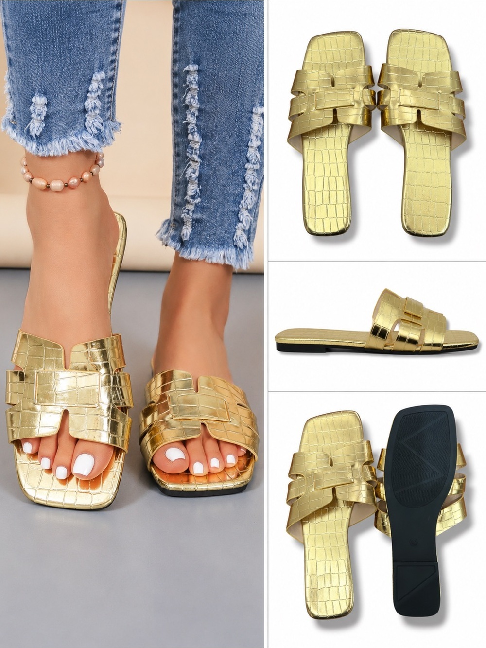 SHEIN | NWT  Gold Croc-Embossed Slide Square Toe Beach Sandals (Size 42)